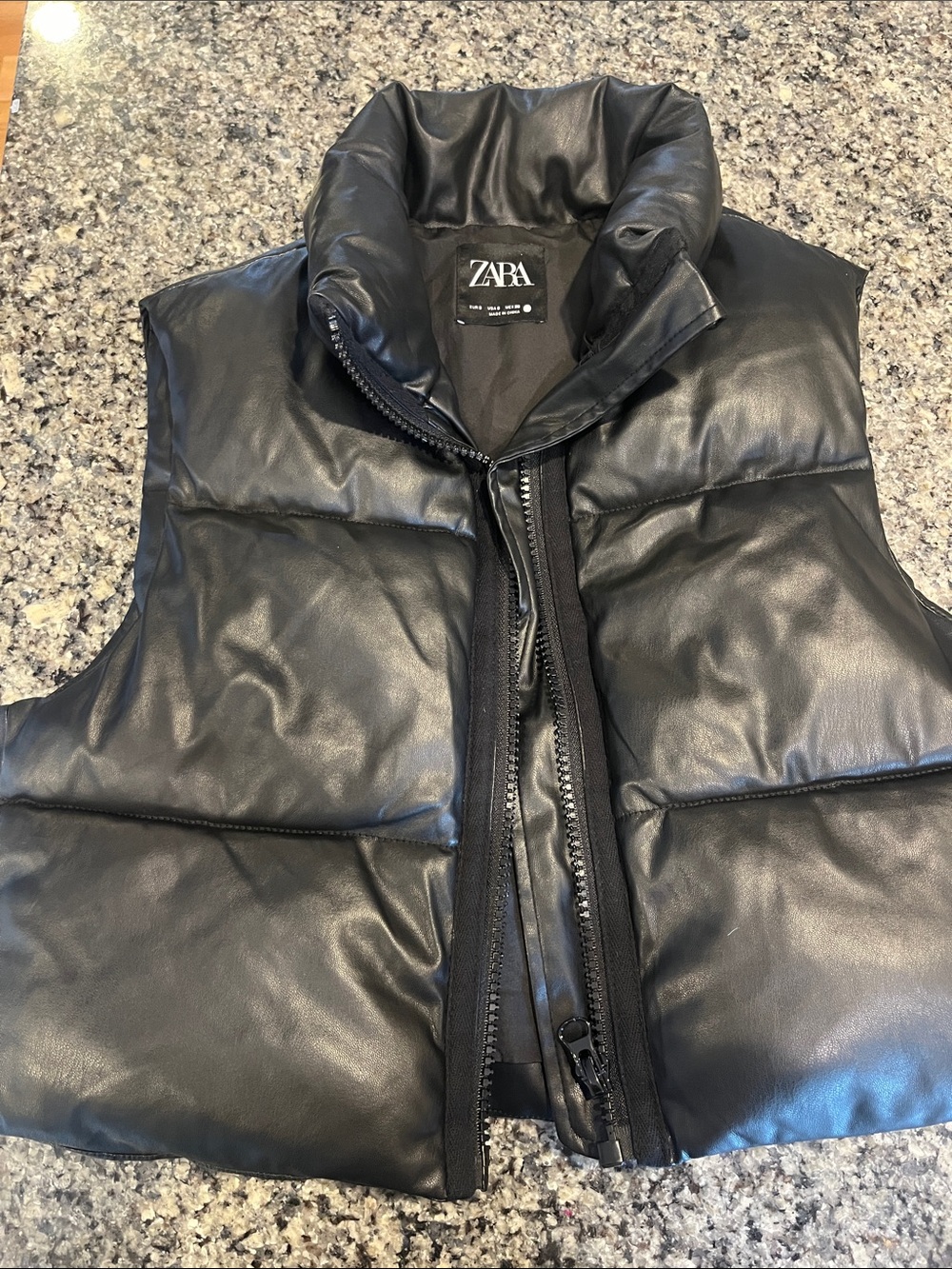 ZARA Black Faux Leather Puffer Vest
